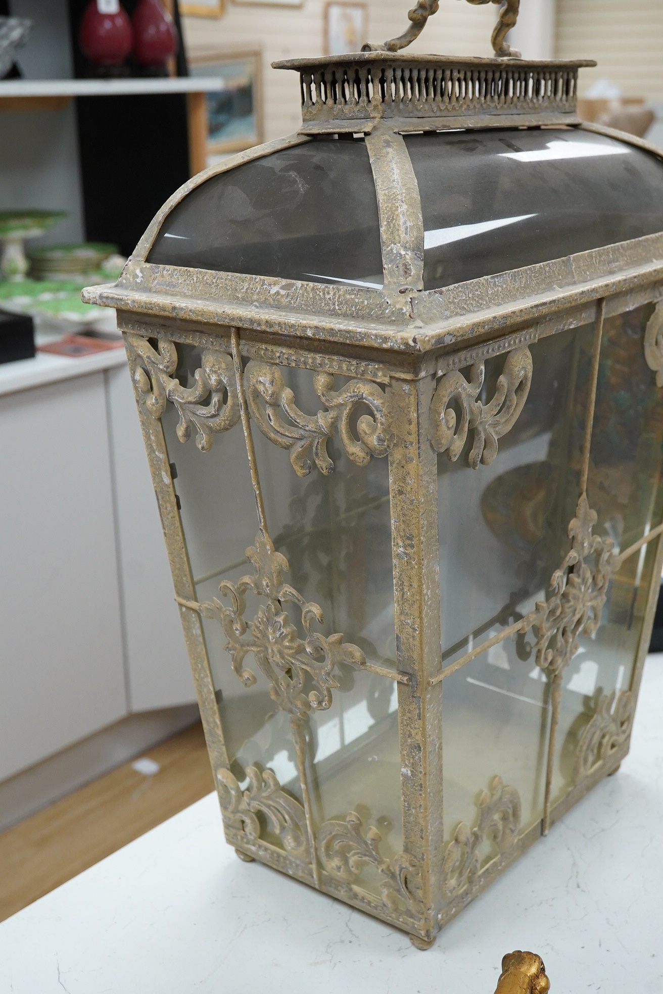 A contemporary glass and painted metal standing hall lantern, 47cm. Condition - fair to good